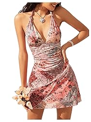 BEAUDRM Women's Floral Print Sleeveless Halter Deep