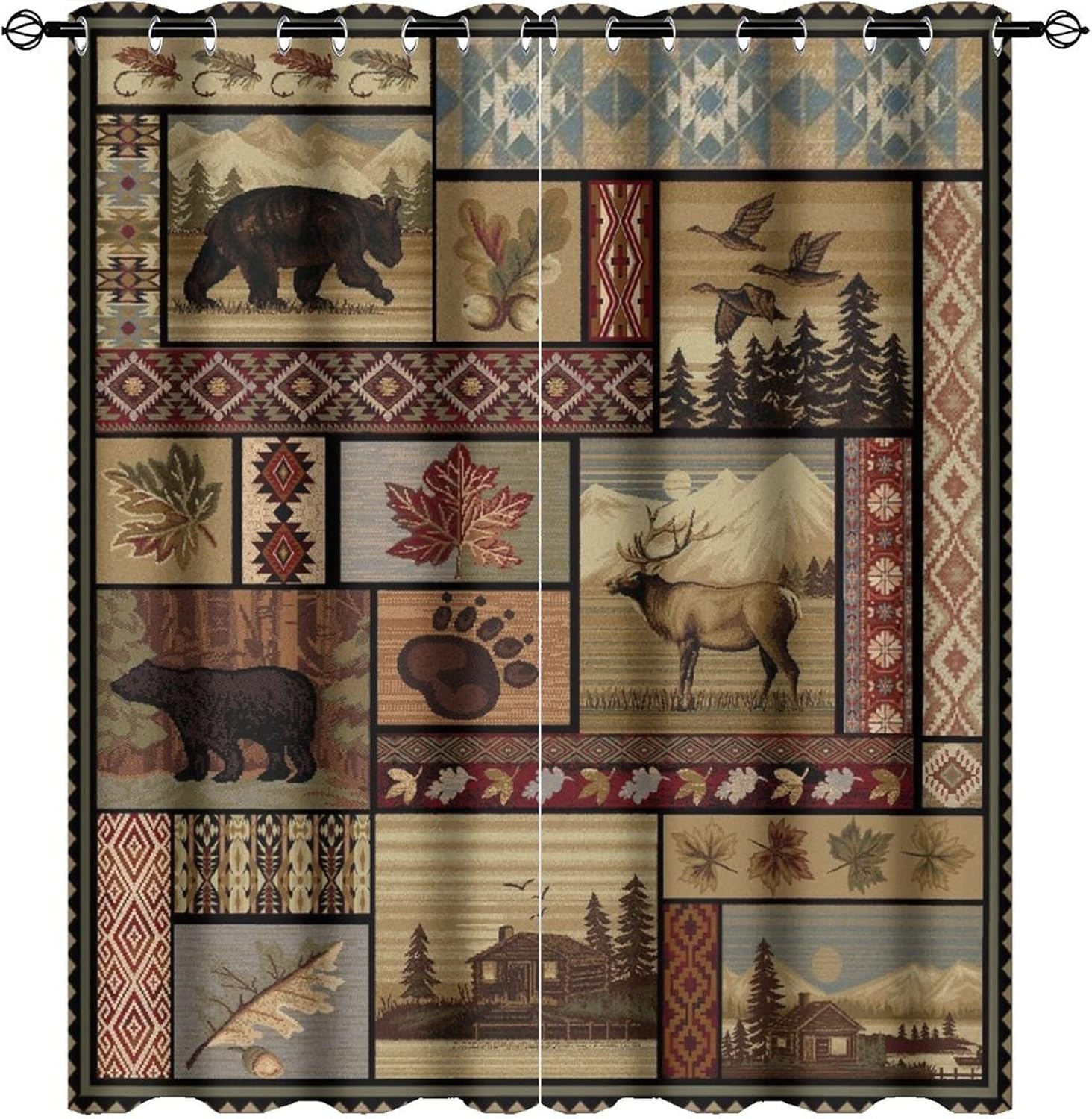 Outdoor Curtains - Kazynee Vintage Deer Bear Farmhouse Ultra Soft Premier Blackout Curtains,Retro Cabin Lake Country Lodge MooseThermal Insulated Bedroom Noise Reducing Patio Door Grommet Top,2 Panels 63L x 27.5W