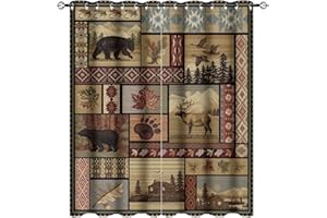 Kazynee Vintage Deer Bear Farmhouse Ultra Soft Premier Blackout Curtains,Retro Cabin Lake Country Lodge MooseThermal Insulated Bedroom Noise Reducing Patio Door Grommet Top,2 Panels 63L x 27.5W