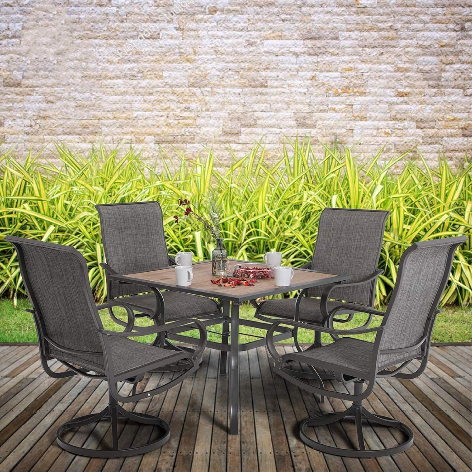 MFSTUDIO 5 Piece Metal Patio Armrest Dining Swivel Chairs and Larger Square Table Set, 37" Square Bistro Wood-Like Table and 4 Backyard Garden Rock Chairs - Umbrella Hole 1.57"