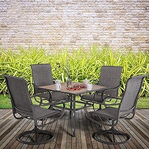 MFSTUDIO 5 Piece Metal Patio Armrest Dining Swivel Chairs and Larger Square Table Set, 37" Square Bistro Wood-Like Table and 4 Backyard Garden Rock Chairs - Umbrella Hole 1.57"