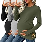 Oakgarden 3 Pack Women's Maternity Thermal Long Sleeve Shirts Crew Neck Fleece Lined Pregnancy Top with Thumb Hole Winter
