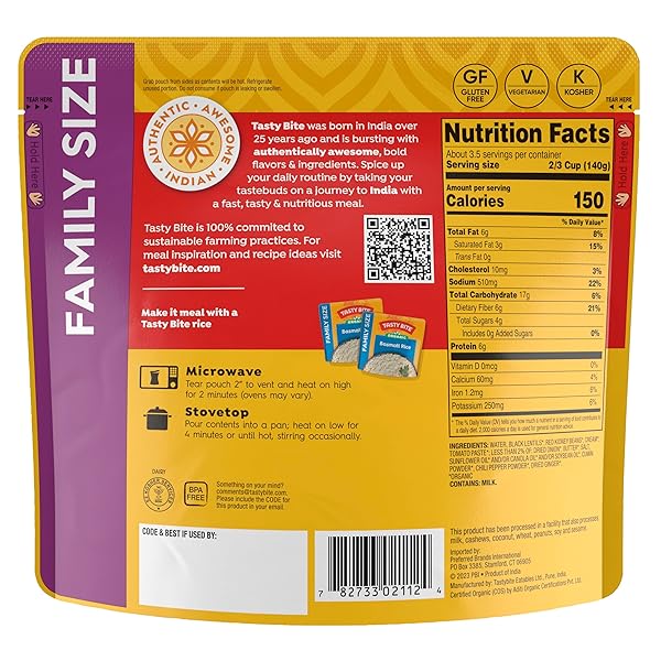 TASTYBITE ORGANIC FAMILY SIZE MADRAS LENTILS, 17.6 OZ