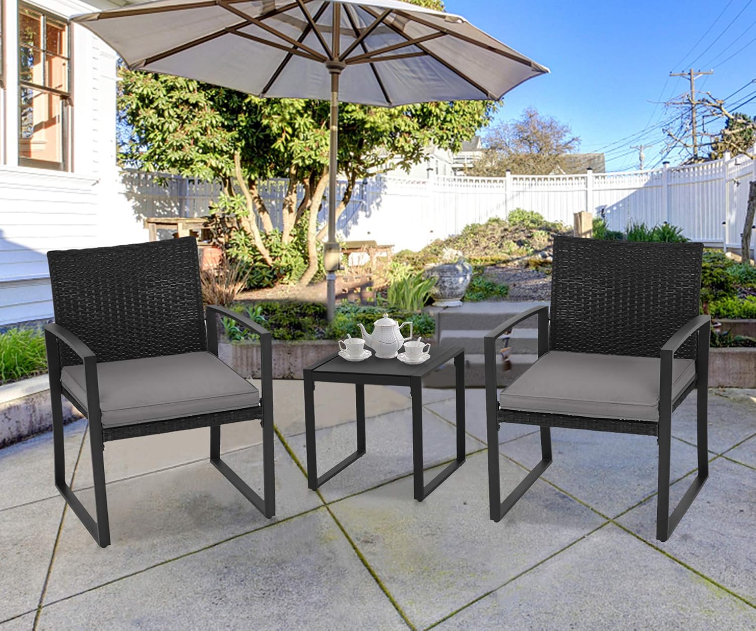 Amazon Com Suncrown Outdoor Furniture 3 Piece Patio Bistro Set Black Wicker Chairs And Glass Top Coffee Table Grey Cushions Garden Outdoor