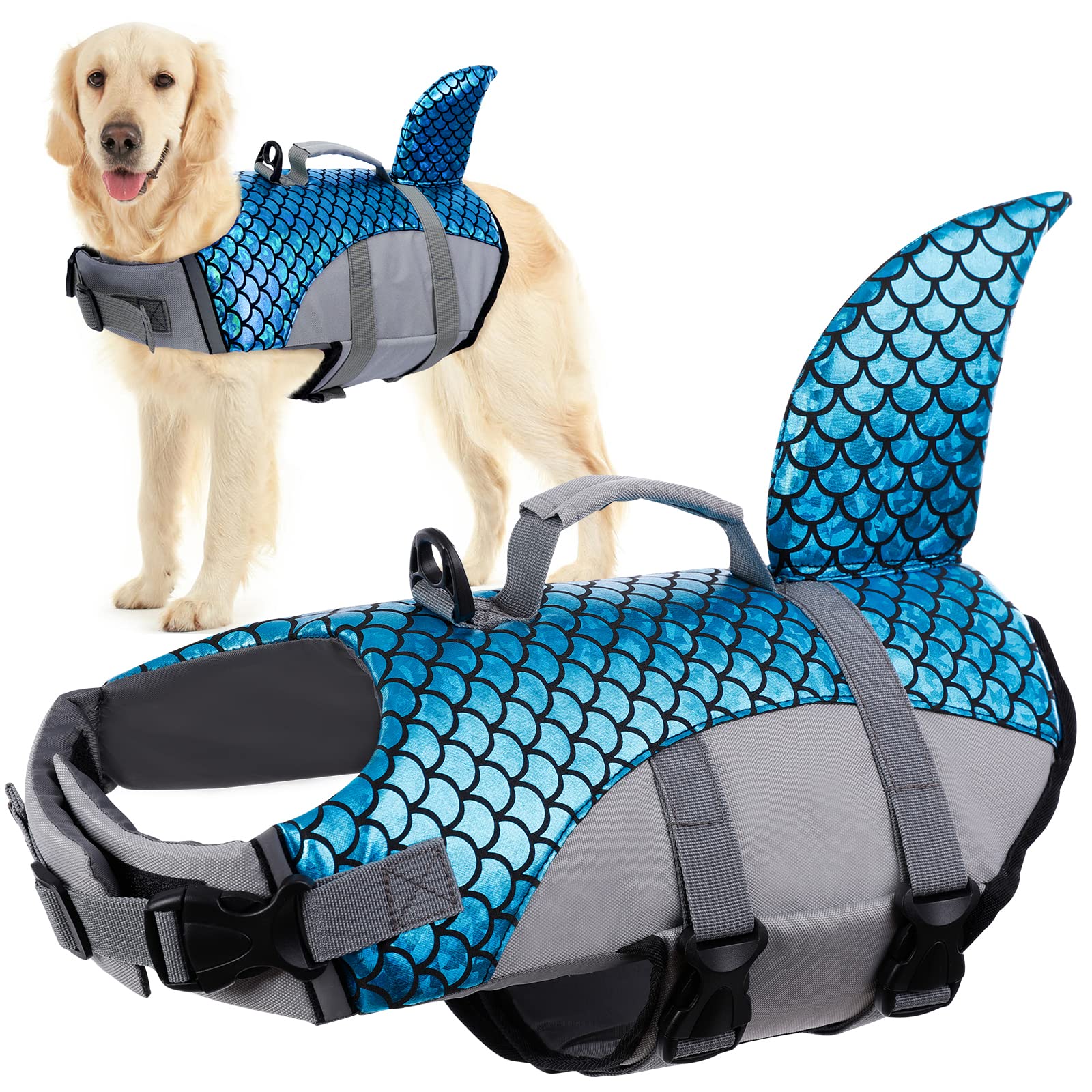 Dog Life Jacket, Lifesaver Floating Vest Shark Shape Dog Summer Swimming Safety Vest with Adjustable Strap and Rescue Handle for Swimming Pool Beach Boating(Blue, XXL)
