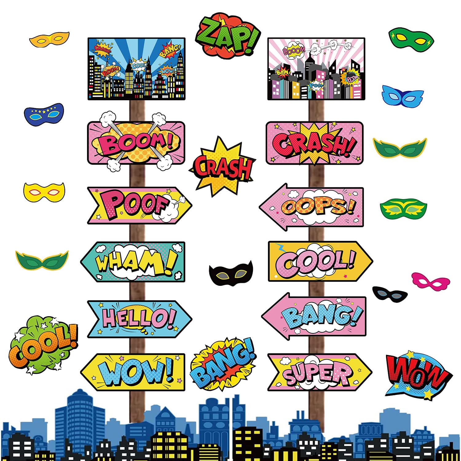 Yrmysrx 24Pcs Superheros Party Welcome Directional Signs Decorations Supplies Cutouts Photo Backdrop Door Wall Lawn Yard Signs Background Banner Decoration for Birthday Baby Shower Party Favors