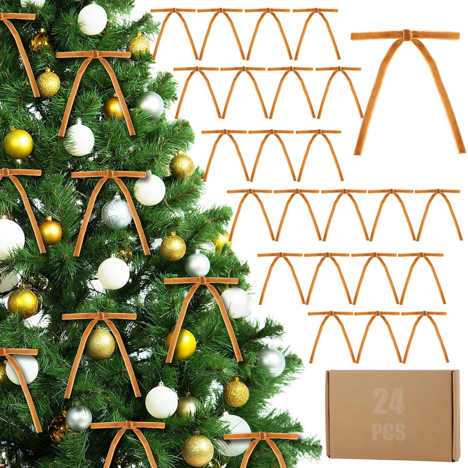 Photo 1 of 10 OF 24 Pcs Velvet Christmas Tree Bows,Rustic Crafts Gift Velvet Ribbon Bows Twist Tie Bows for Xmas Wreaths Garland Gift Wrapping Wedding Decor (3/8'' Wide, 5 * 7 inch) (Khaki, Medium)