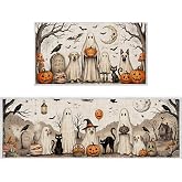 Yoyuspy Halloween Kitchen Rug Set of 2 - Halloween Vintage Ghost Dog Kitchen Mat, Pumpkin Black Cat Kitchen Rugs for Fall Indoor Home Decor 16x28 16x47 Inch