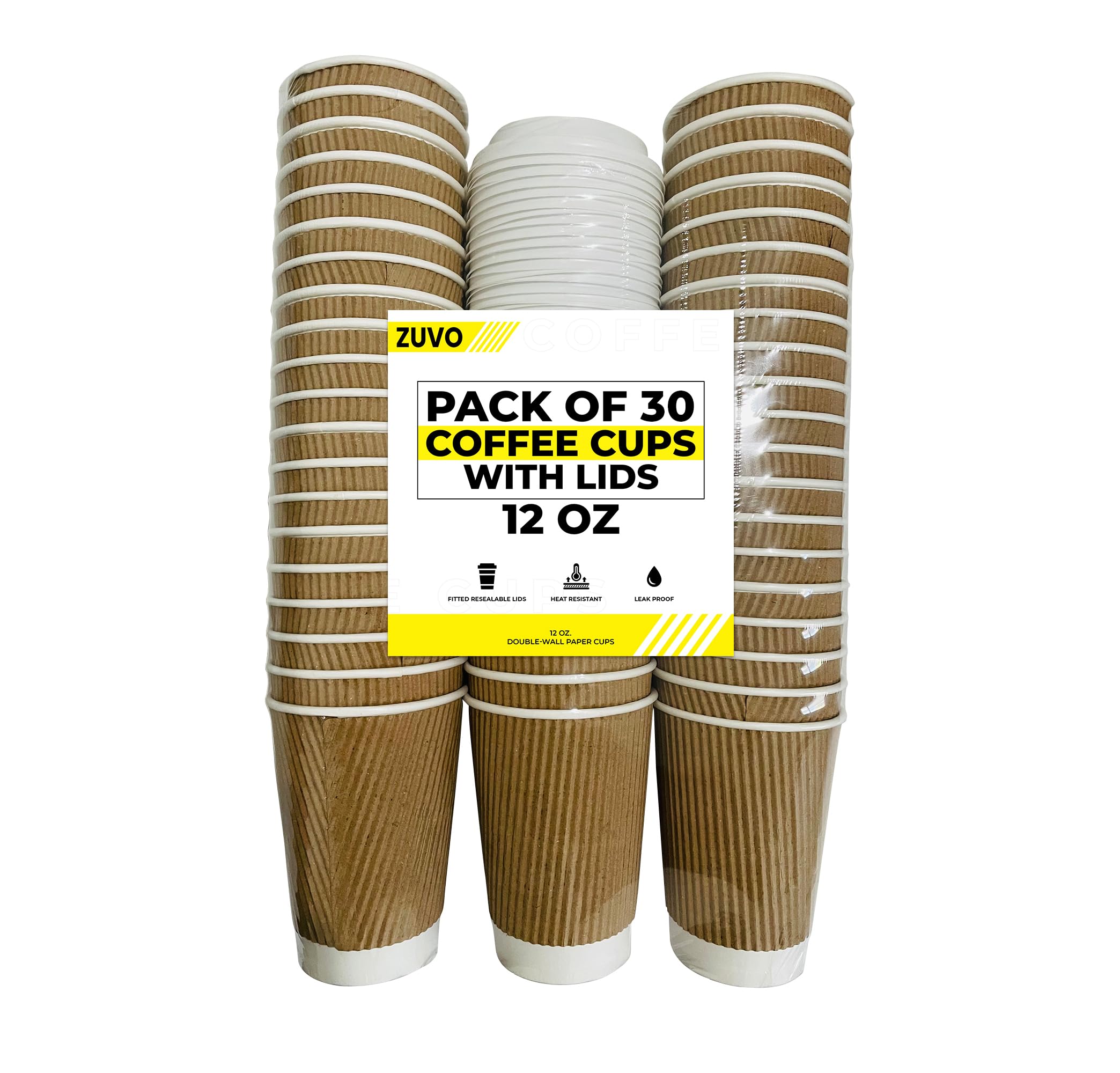 Zuvo 12oz Disposable Coffee Cups with Lids (30 Pack) - Triple Wall Insulated Ripple Paper Cups for Hot Drinks | Takeaway Kraft Cups for Tea, Coffee & Hot Chocolate | Secure Fit Lids Included