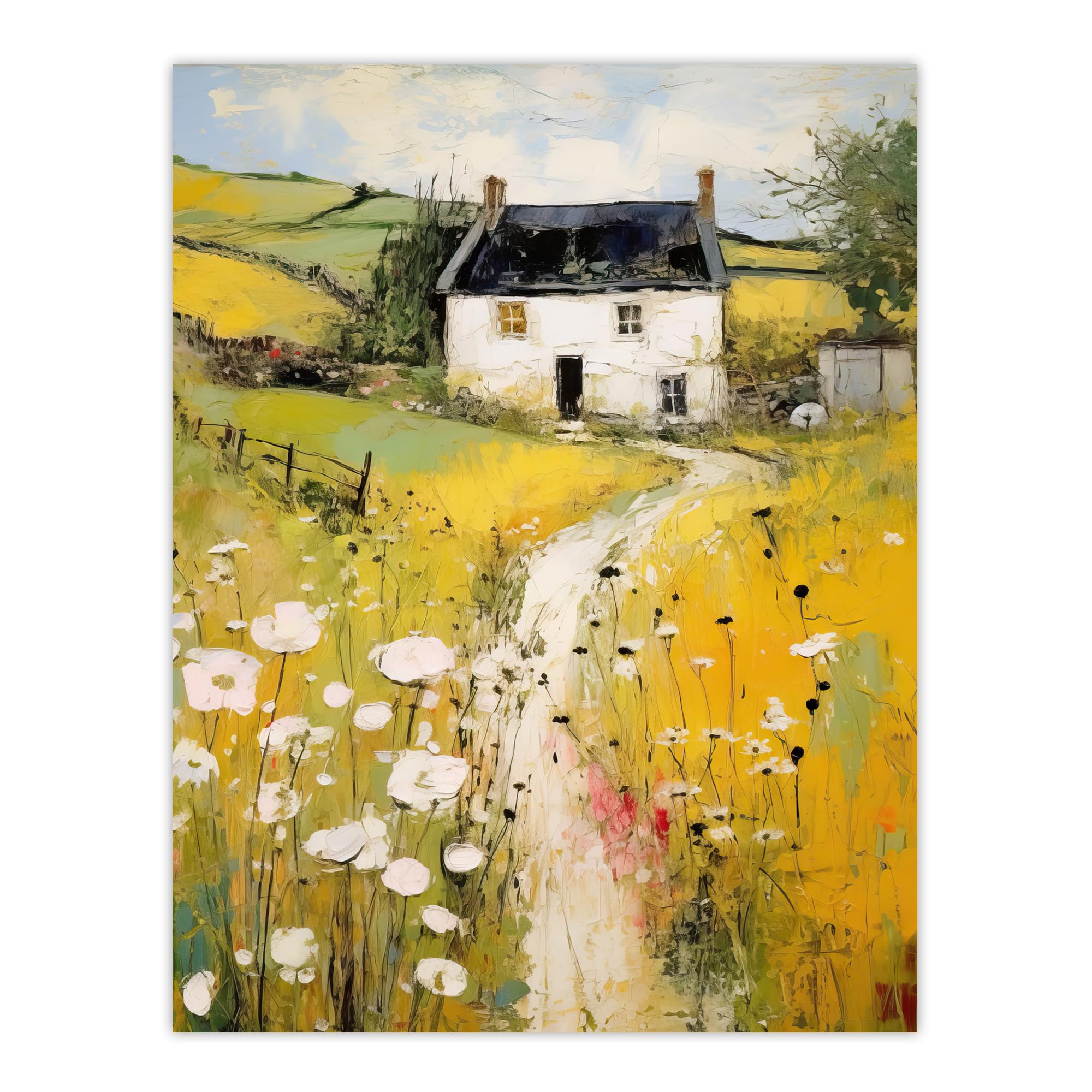 Artery8 Welsh Countryside Cottage Rolling Hills And Wildflowers Bright Oil Painting Large Wall Art Poster Print Thick Paper 18X24 Inch