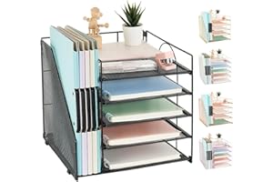 AUPSEN Desk Organizer with File Holder, 5 Trays Paper Letter Tray Organizer, Mesh Desk Organizers and Accessories for Home Office (Black)