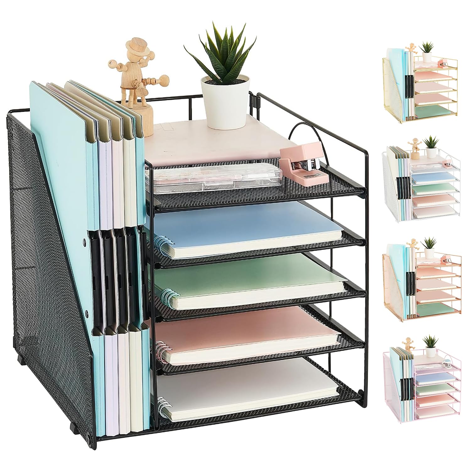 Photo 1 of AUPSEN Desk Organizer with File Holder, 5 Trays Paper Letter Tray Organizer, Mesh Desk Organizers and Accessories for Home Office (Black)