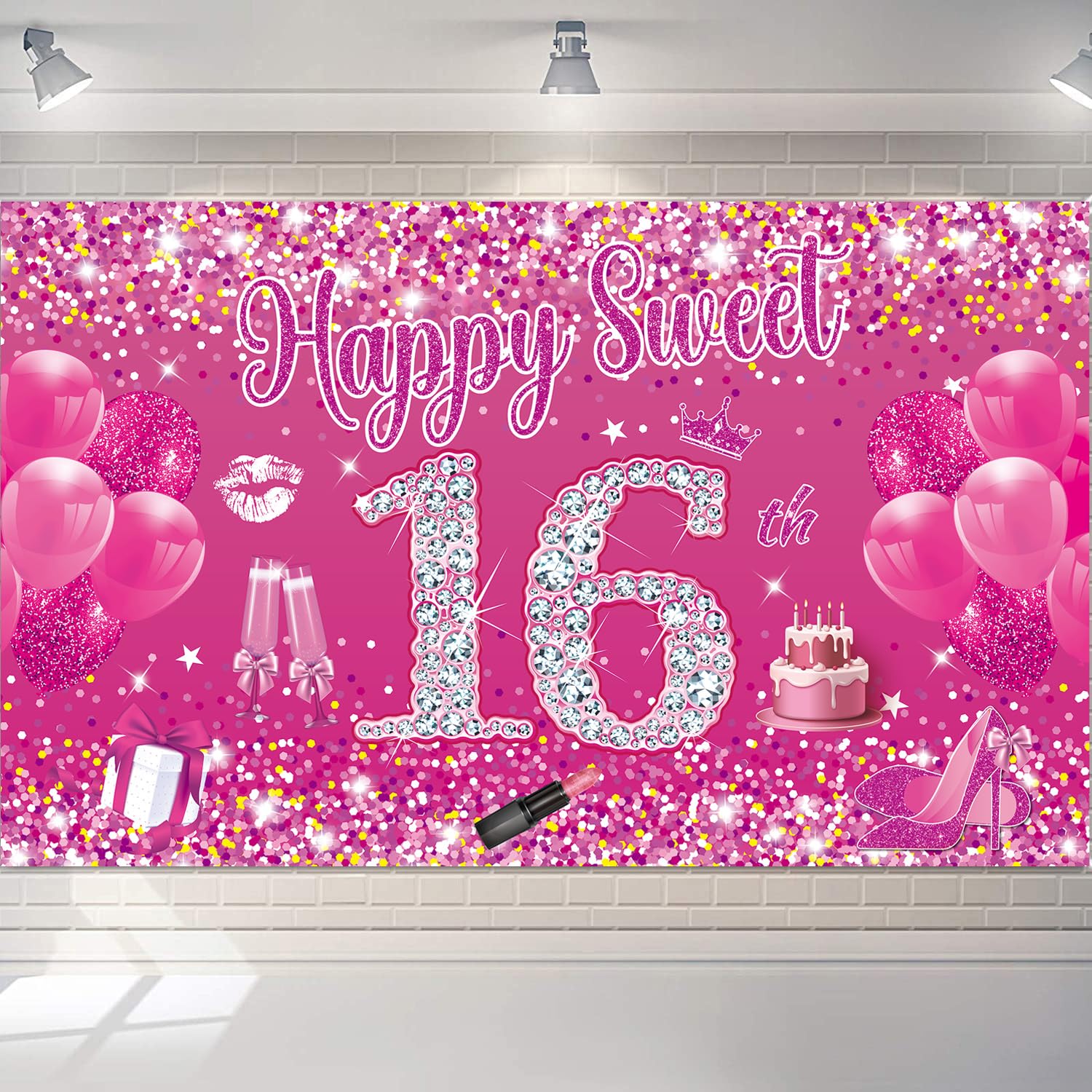 Photo 1 of Happy Sweet 16 Birthday Banner Backdrop Pink - 72x44 Inch, Sweet 16 Party Decorations Pink, Sweet 16 Backdrop Banner, 16th Birthday Decorations for Girls