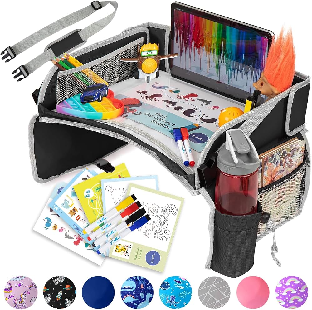 PILLANI Kids Travel Tray for Car - Car Seat Tray with Activity Sheets & Pens, Road Trip Essentials for Car & Airplane, Must H