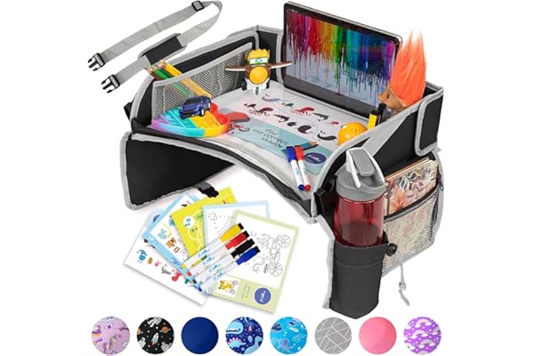PILLANI Kids Travel Tray for Car - Car Seat Tray with Activity Sheets & Pens, Road Trip Essentials for Car & Airplane, Must Have Toddler Travel Lap Desk Accessories - Road Trip Activities for Kids