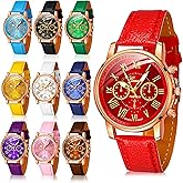 Yinkin 10 Pcs Assorted Platinum Watch Unisex Quartz Watch Sets for Women Men Ladies Watches Roman Numerals PU Leather Women's Wrist Watches