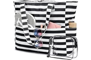 LEDAOU Large Beach Tote Bag Women Waterproof Sandproof Zipper Beach Tote Bag for Pool Gym Grocery Travel with Wet Pocket