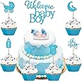 38 Pieces Baby Shower Boy Cake Toppers Sleeping Baby Candle Cake Topper Boy Cupcake Glitter Welcome Pick for Shower First Birthday Party Decorations, Blue