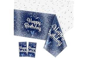 2 Pack Navy Blue and Silver Happy Birthday Tablecloths, 51x87'' Rectangle Table Cover for Men Women Boys Girls Birthday Party