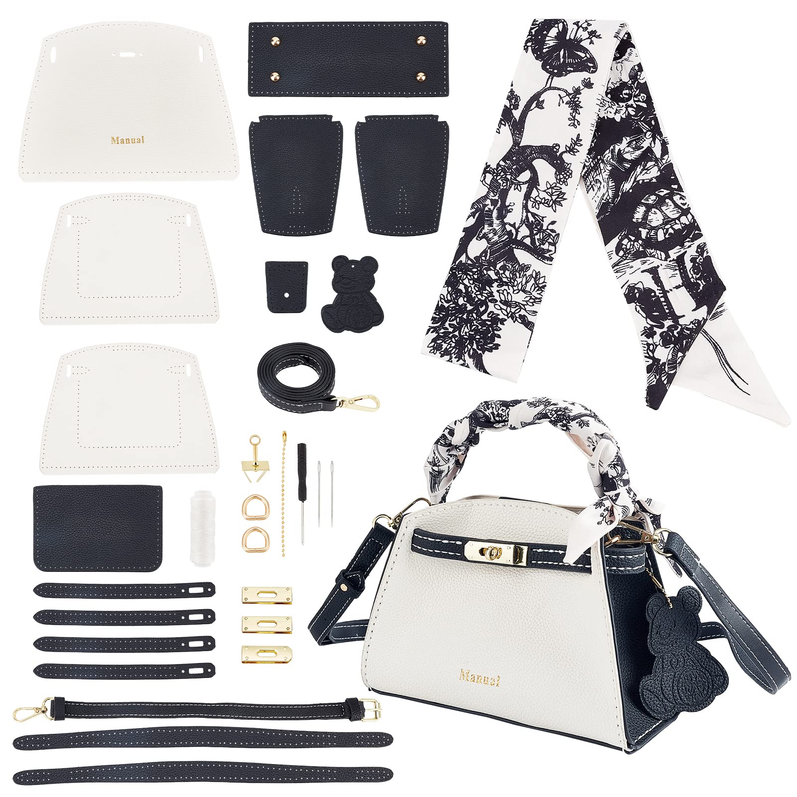 WADORN 30pcs DIY Leather Handbag Making Kit, Black PU Leather Craft Sewing Material Leather Knitting Crochet Bag Making Sets Shoulder Messenger Bag Making All Accessories, 20x10x14cm