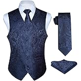 HISDERN Vest and Tie Sets for Men Vests Paisley Floral Jacquard Necktie Pocket Square 3PCS Waistcoat for Suit or Tuxedo