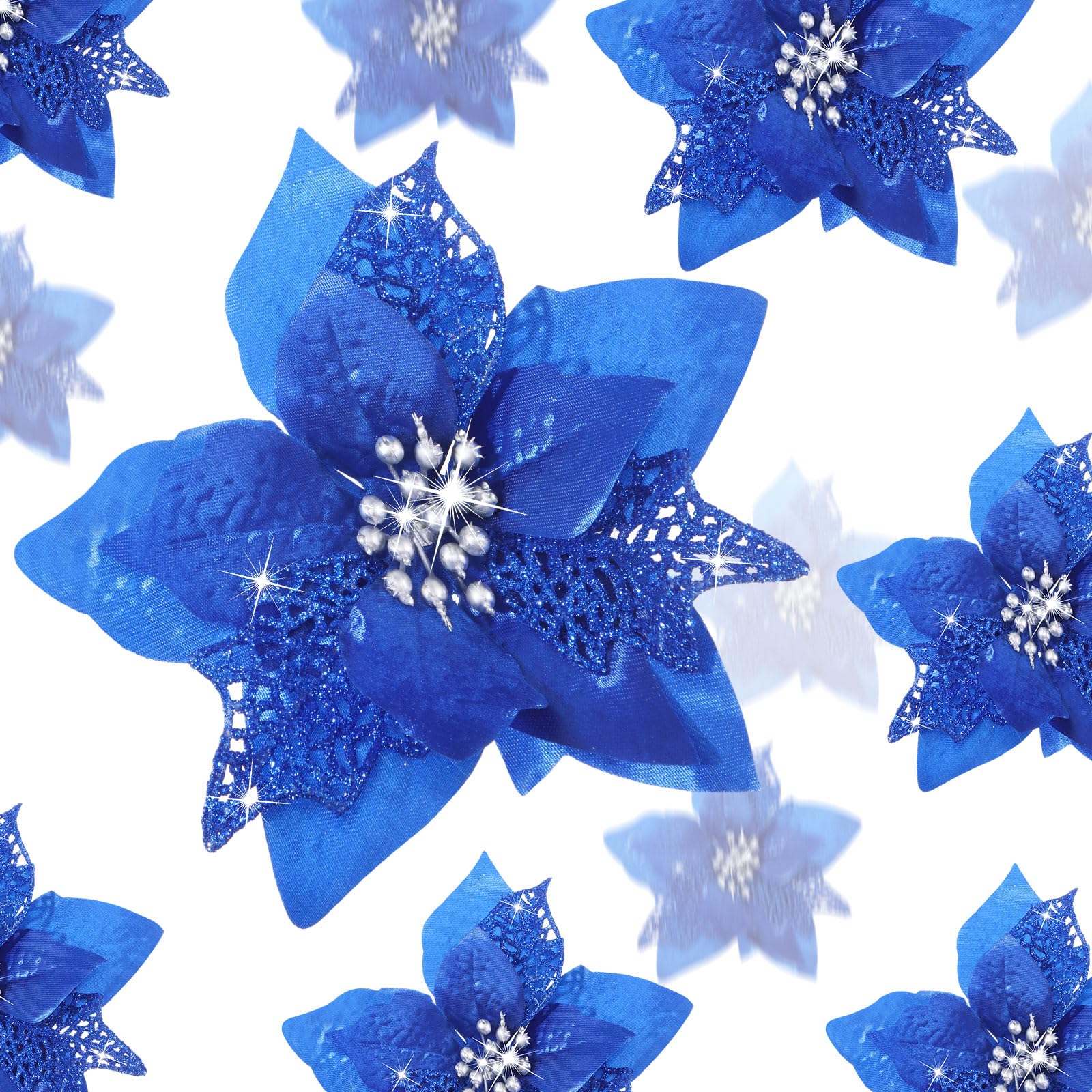 Boao 24 Pieces Christmas Artificial Glitter Poinsettia Flowers Xmas Flowers Wedding Christmas Tree New Year Ornaments(Royal Blue) — image 1