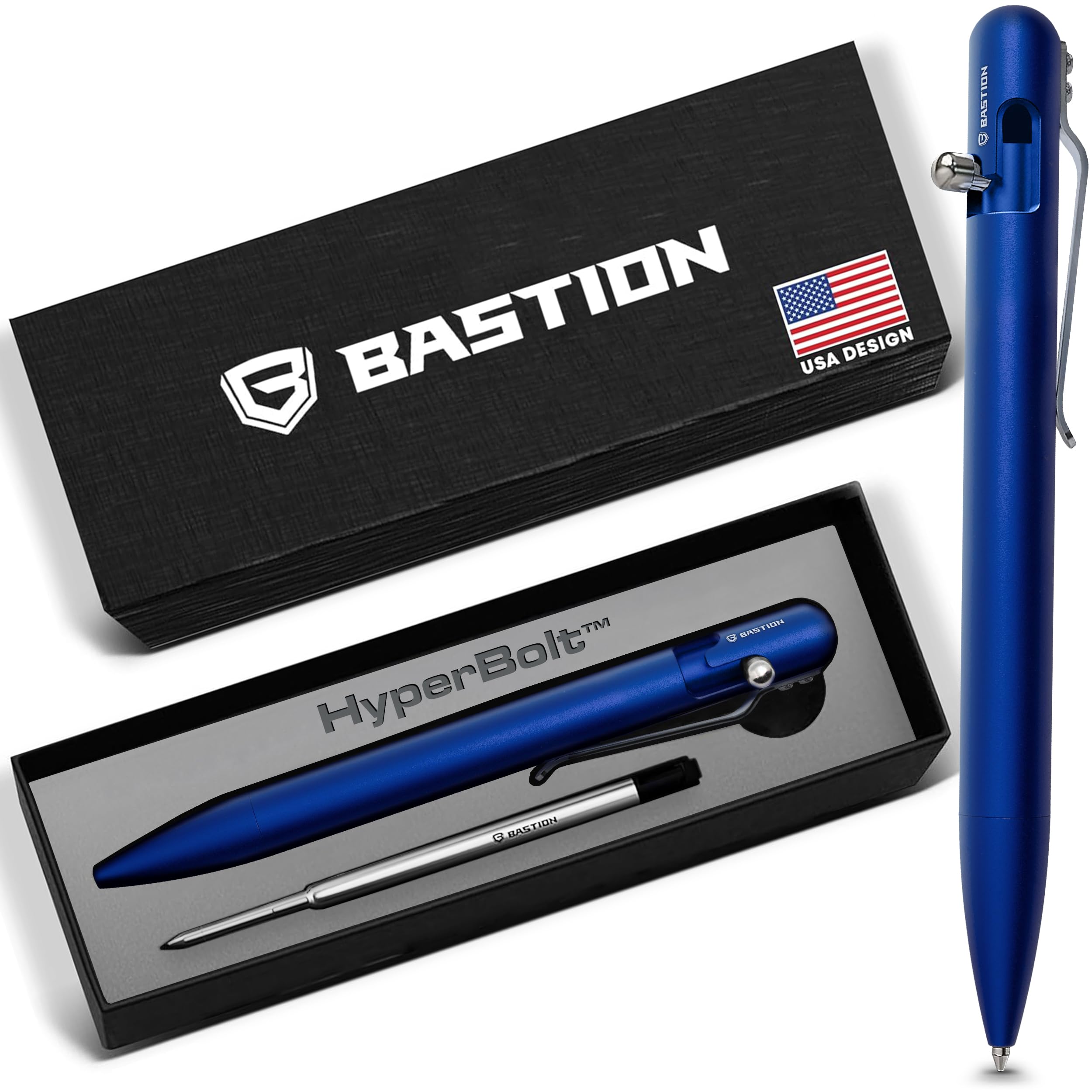 BASTION Luxury Gift Pen Exclusive Hyperbolt™ Aluminium Blue Ballpoint, Executive Metal Writing Instrument, premium construction, ideal for professionals, perfect for office or personal use