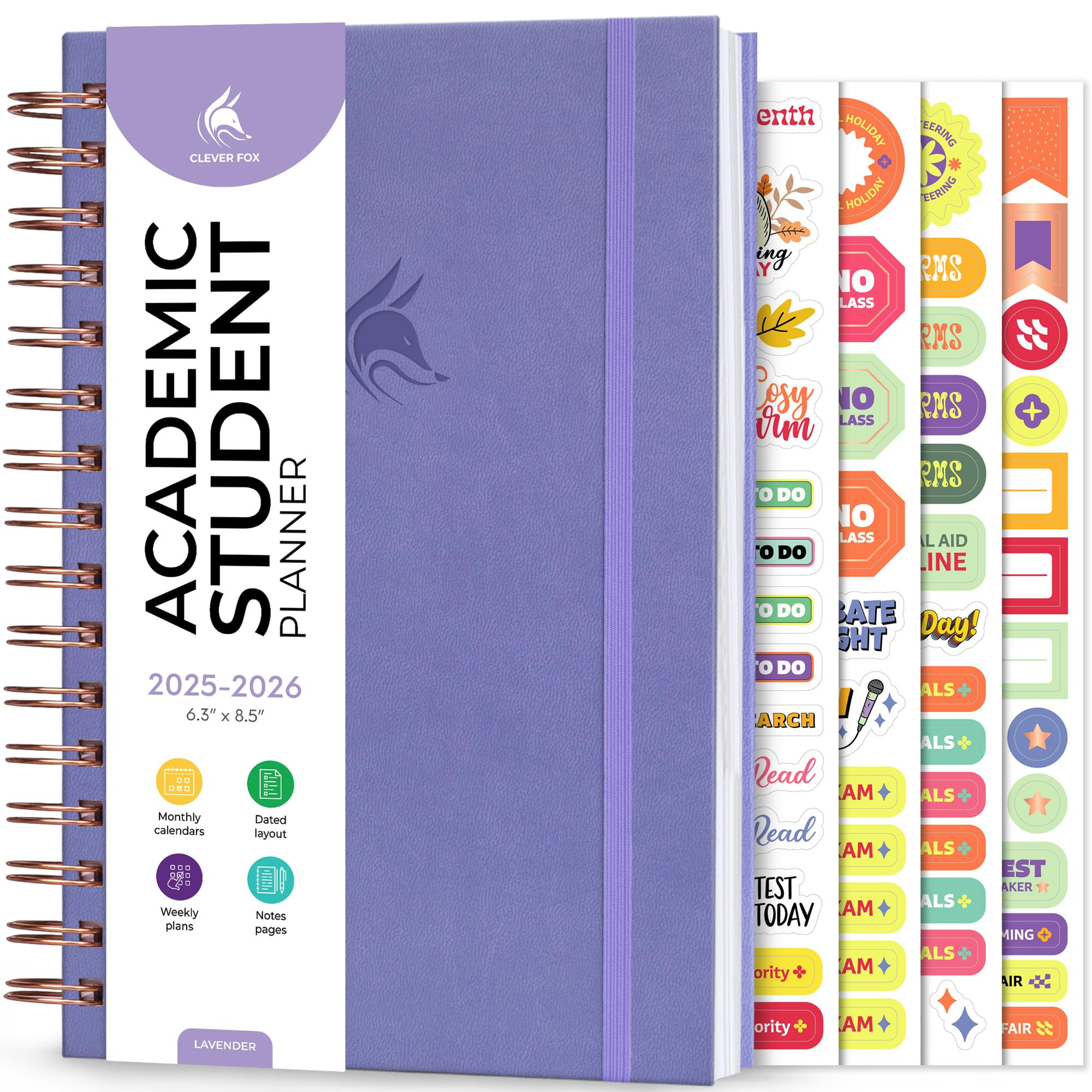 Photo 1 of Clever Fox Academic Student Planner 2025-2026 – Hardcover Spiral-Bound Planner for School & College with Weekly & Monthly Calendar (Lavender)