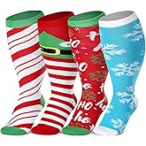 Geyoga 4 Pairs Christmas Plus Size Compression Sock Wide Calf for Women Men 15-25 mmHg Extra Large Size Knee Support Sock