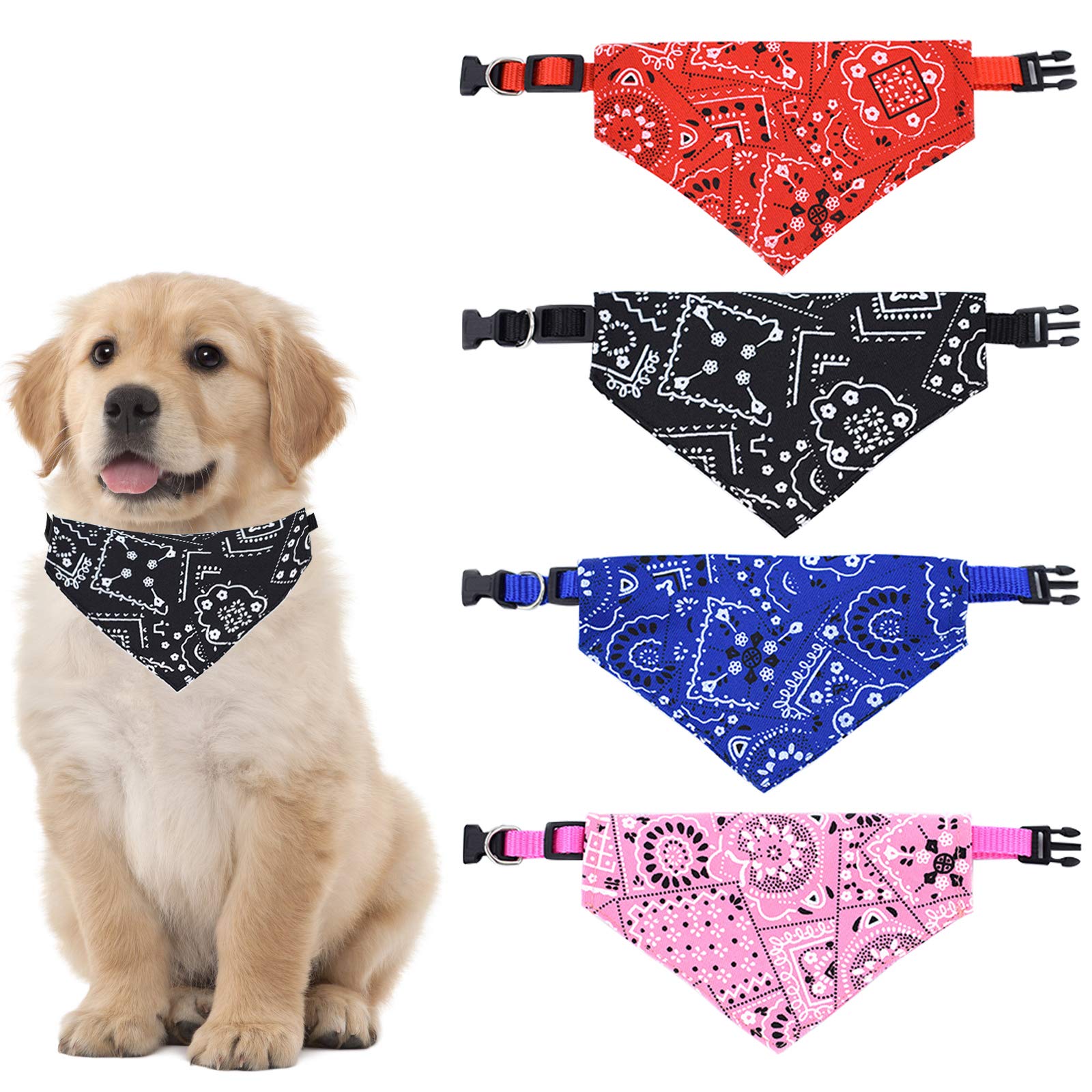 HACRAHO 4-Pack Detachable Dog Bandanas, Multicolor Floral Pattern, Polyester, Large (12.99-20.87 inches / 33-53 cm), Adjustable, Comfortable, Unisex, Small & Medium Dogs, Cats