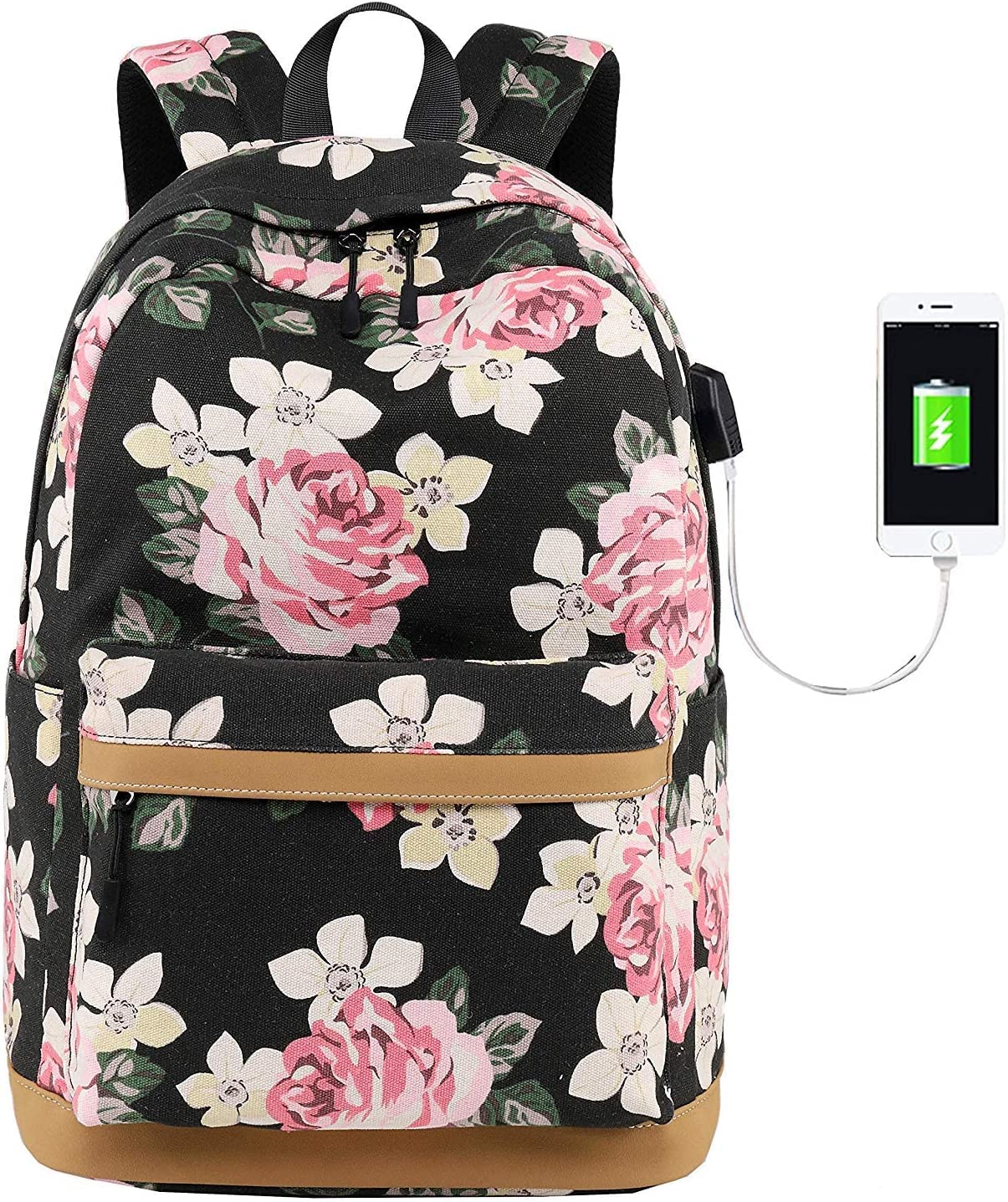 College School Bookbag Canvas Backpack Casual Travel Daypack for Teen Girls and Women with USB Charging Port