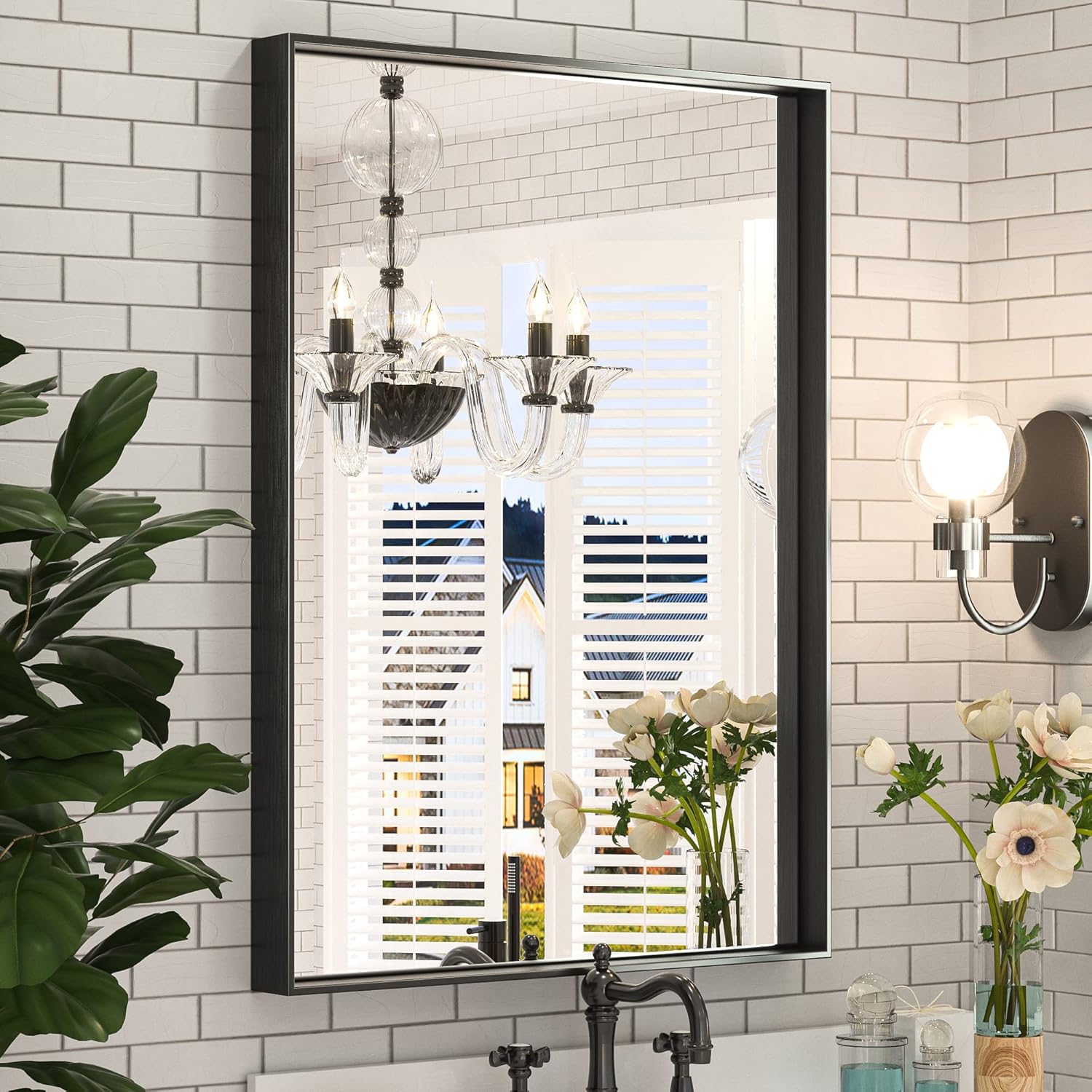 Mirrors - Keonjinn Black Framed Mirror for Bathroom 22 x 30 Inch Matte Black Bathroom Mirror, Rectangular Wall Mirror Square Corner Metal Farmhouse Mirror Modern Rectangle Mirror for Vanity(Horizontal/Vertical)