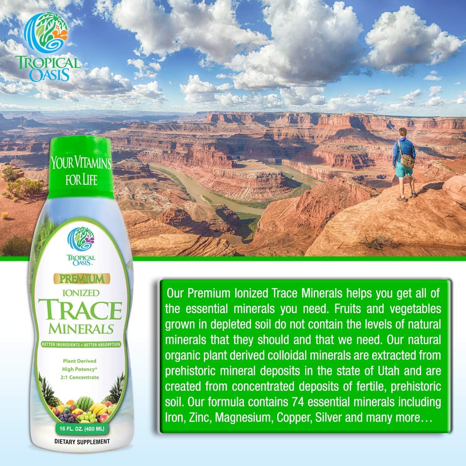 Tropical Oasis - Premium Ionized Plant Based Trace Minerals Liquid Formula- 74 essential minerals in liquid form for up to 96% Absorption - 16 oz, 32 servings: Health & Personal Care