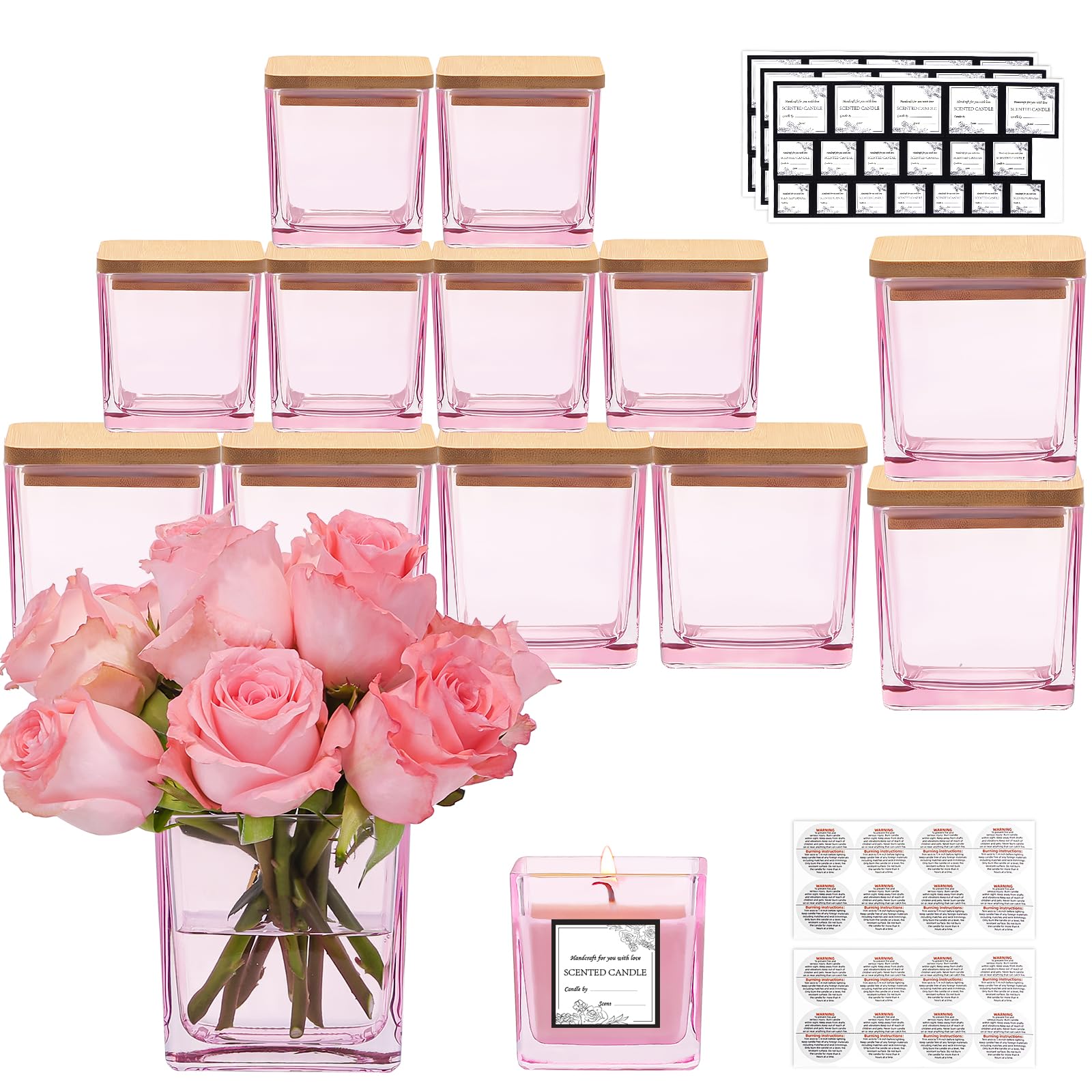 Photo 1 of CONNOO 12 Pack 9oz, 3oz Pink Square Candle Jars for Making Candles, Thick Glass Bulk Empty Candle Containers with Airtight Bamboo Lids for Candle Making, Sticky Warning Labels - Dishwasher Safe