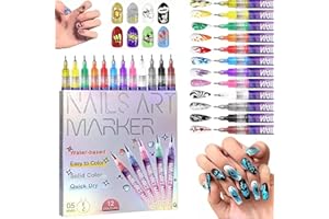 OUTEAT 12 Colors Nail Art Pens Set,0.5mm Fine Tip Acrylic Markers,Quick-Drying Waterproof Polish Pens with Dotting Liner, DIY 3D Nail Art Tools for Home Salon,Beginners,Adults Kids Christmas Gifts (12Pcs)