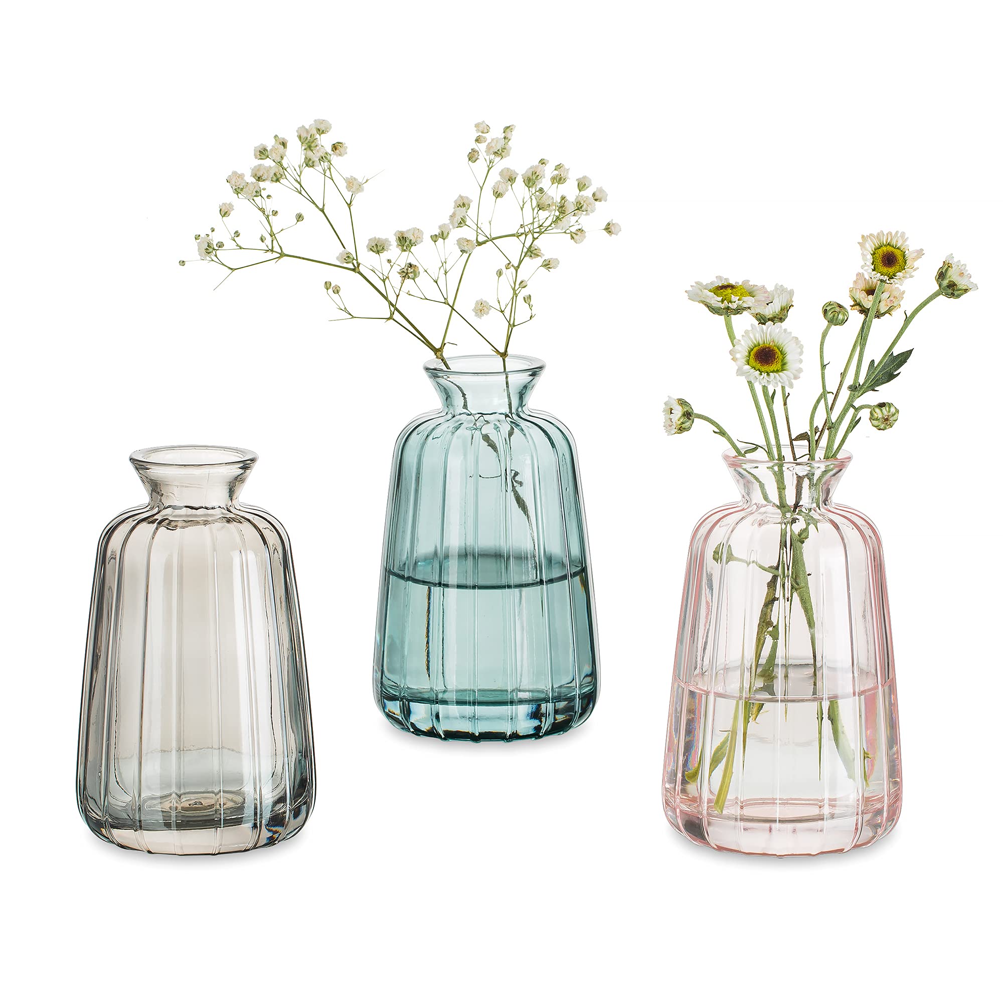 Glass Vases for Flowers Small Vase for Table Decoration, 3Pcs Vintage Bud Vases Coloured Ribbed Mini Vase Set for Kawaii Living Room Decor Bedroom Wedding Centrepieces