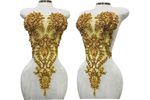 ARTISTRYXB Handmade Rhinestones Lace Bodice Applique Sew on Beads Sequins Trimming Patches for Dress Clothing Accessories 1Pcs/Bag (Gold)