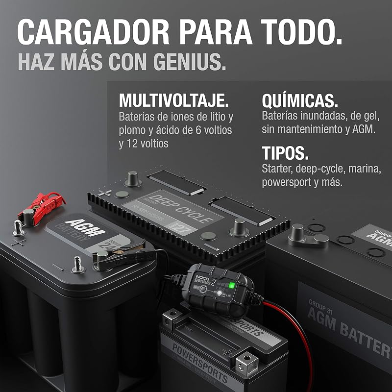 GENIUS2: Cargador Inteligente de baterías 2A 6V/12V – Mantenedor automático y desulfatador – Protección contra sobrecarga y compensación térmica – para baterías de Plomo y Litio