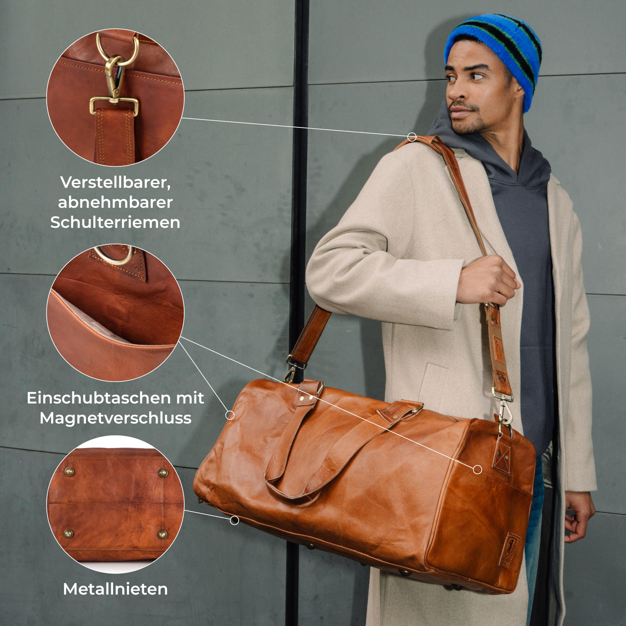 Berliner Bags Vintage Weekender Oslo, wasserdichte Reisetasche aus Leder, Duffel Bag, Sporttasche, Groß 50L, für Herren und Damen - Braun 5
