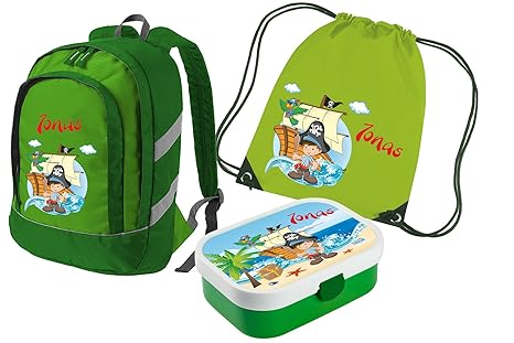 Mein Zwergenland Set 4 Kinderrucksack Bicolor, Brotdose Mepal mit Bento Box und Gabel und Turnbeutel mit Namen, 3-teilig, Grü