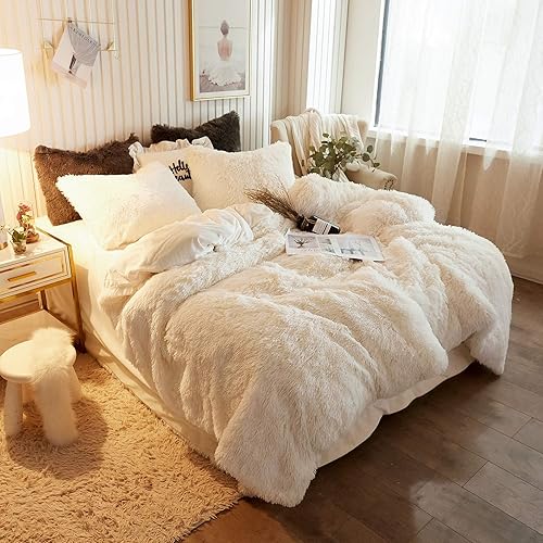 XeGe Plush Shaggy Duvet Cover Luxury Ultra Soft Crystal Velvet Bedding 1PC(1 Faux Fur Duvet Cover),Zipper Closure (Twin, Light Beige)
