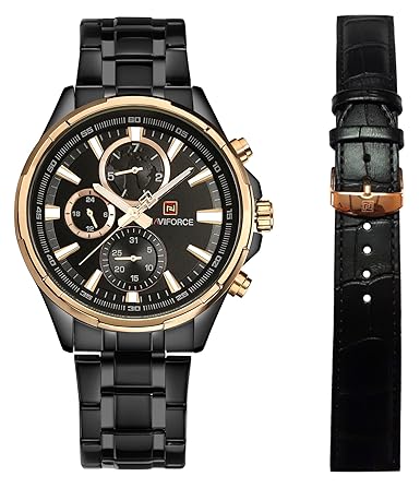 Naviforce Chornograph Black Dial Mens Watch with Free Leather Stap with Day,Date, 24 Hours Format - 9089