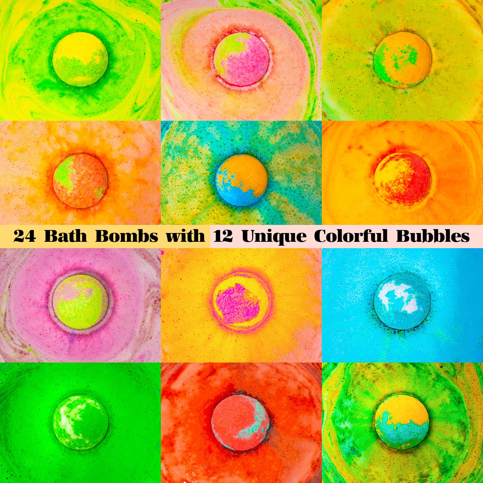 Bath Bombs Gift Se, 24 Pack Bubble Bombs with 12 Unique Scents, Floral & Fruity Collections, Skin-Soothing & Mood-Enhancing, Spa Gifts for Women, Wife, Stress Relief & Relaxation