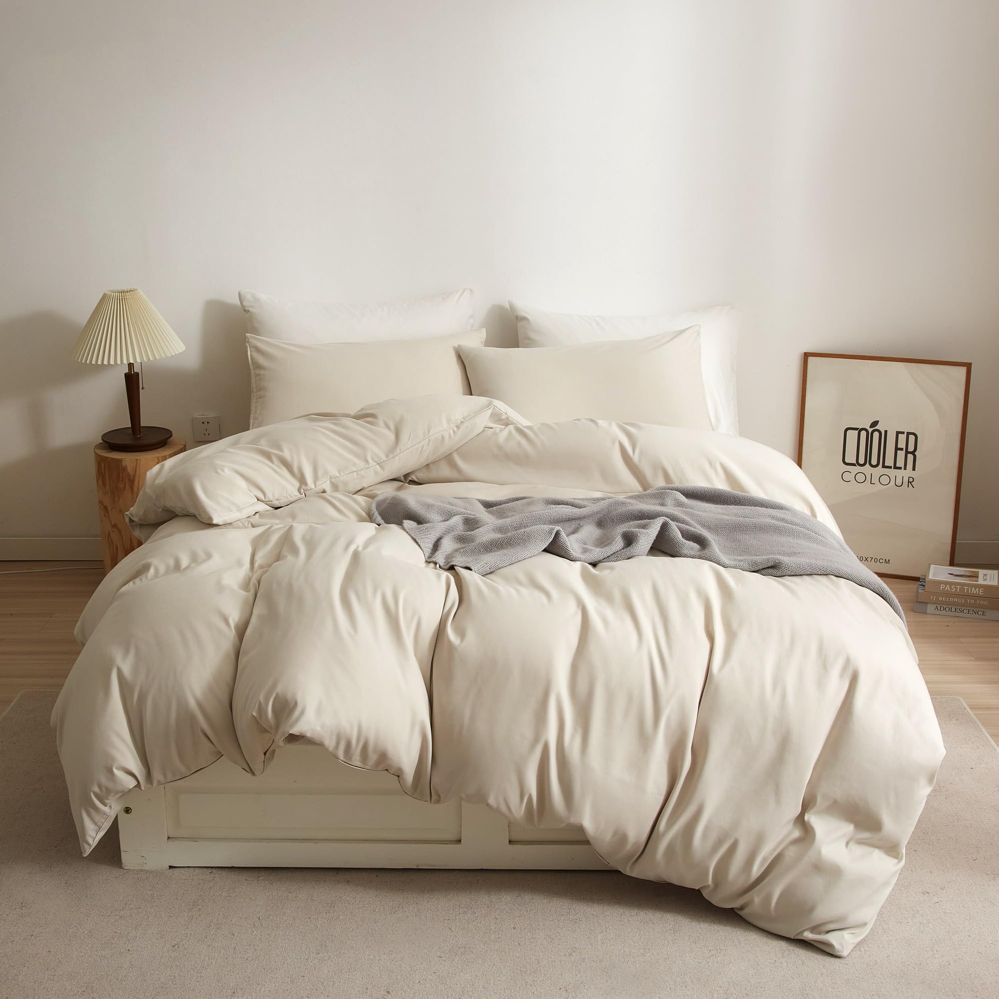 Ruccit Beige Duvet Cover Set Double 100% Brushed Microfiber Double Bed Cream Duvet Cover Soft 3pcs Simple Plain Bedding Set with Zipper Closure Corner Ties-Durable,Fade resistant — image 1