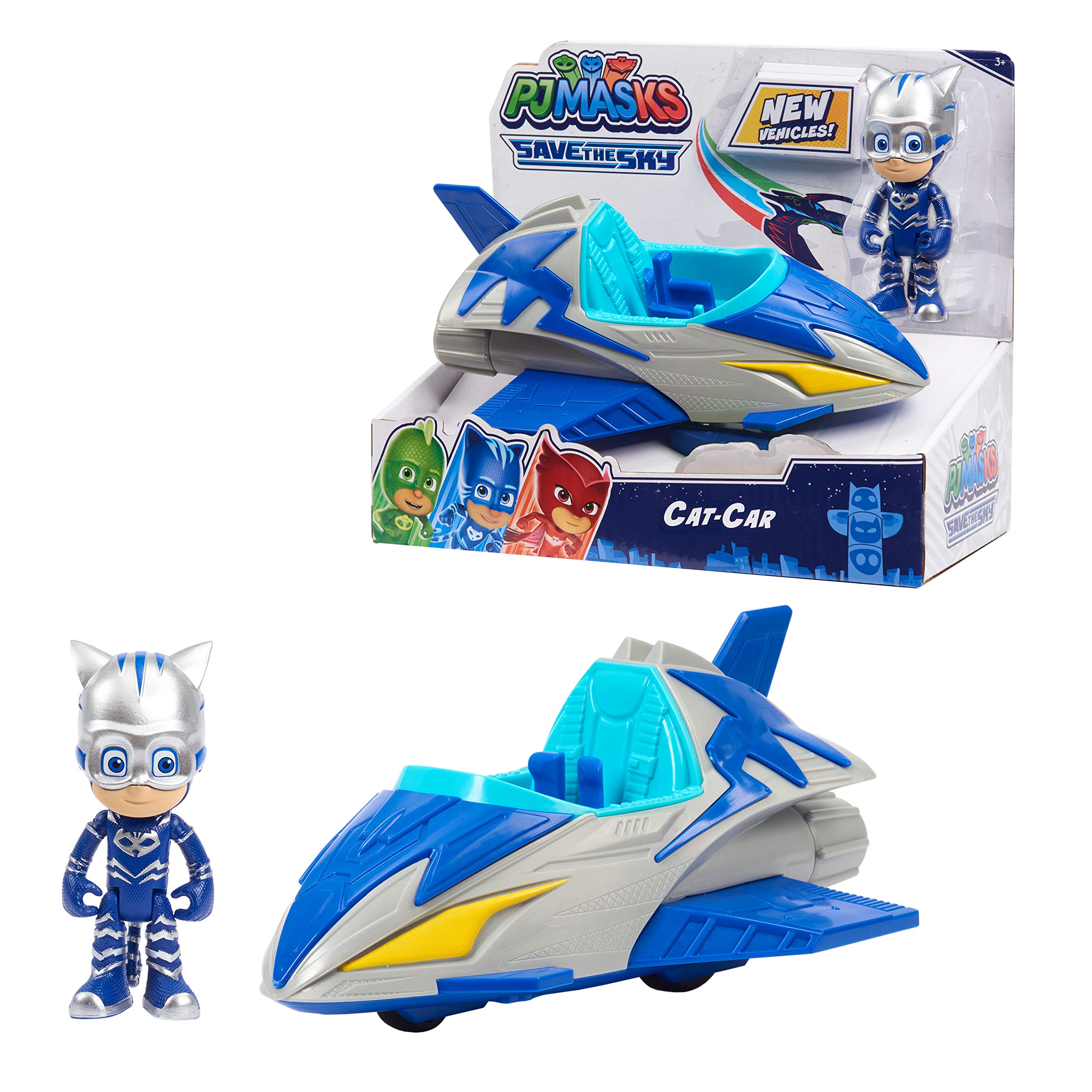 PJ Masks Save the Sky Cat-Car, 3-inch Cat-Boy Figure and Vehicle, Blue, Pretend Play, Kids Toys for Ages 3 Up by Just Play