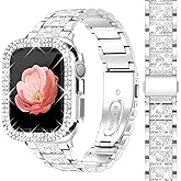 Newlibery Bling Watch Bands with Bling Case for Women Compatible with Apple Watch Band 40mm Elegant Dressy Jewelry Replacement Metal Link Wristband Protector Cover for iWatch Series 6/5/4/SE Silver