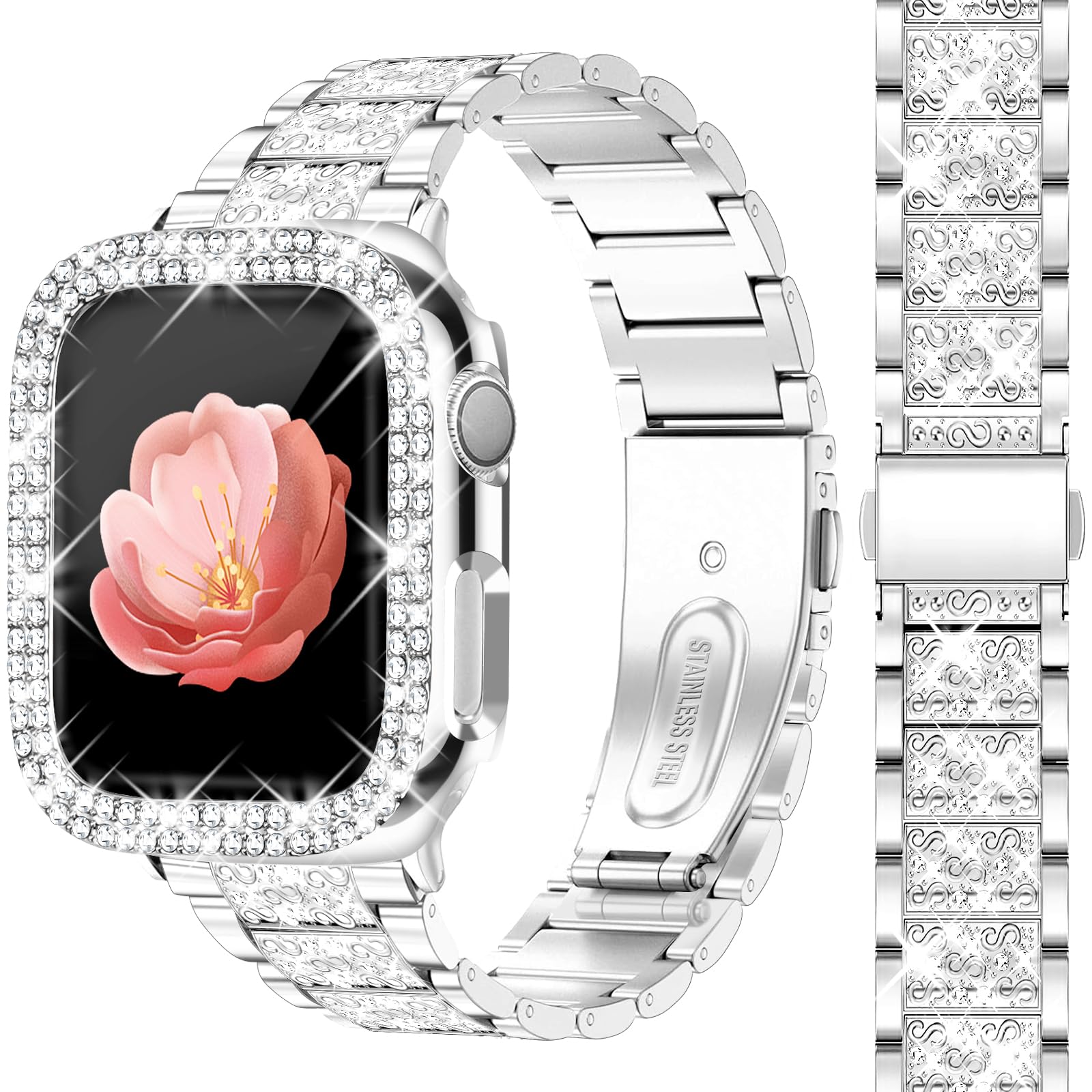 Photo 1 of Newlibery Bling Watch Bands with Bling Case for Women Compatible with Apple Watch Band 42mm Elegant Dressy Jewelry Replacement Metal Link Wristband Protector Cover for iWatch Series 10/11 Silver