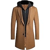 PRIJOUHE Men's Wool Coat Hoodie Long Trench Coat Cotton Casual Woollen Overcoat Jacket