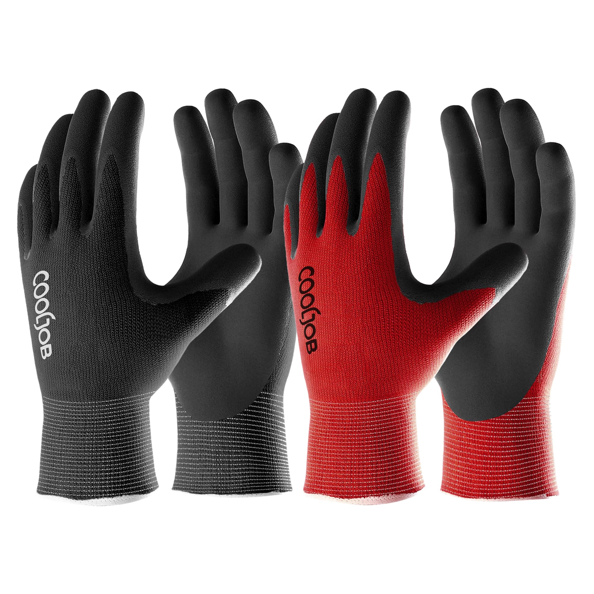 COOLJOB Work Gloves, 2 Pairs Gardening Gloves for Men, Breathable Rubber Coated Work, Working Large Size Fits Most, Black & Red (L)