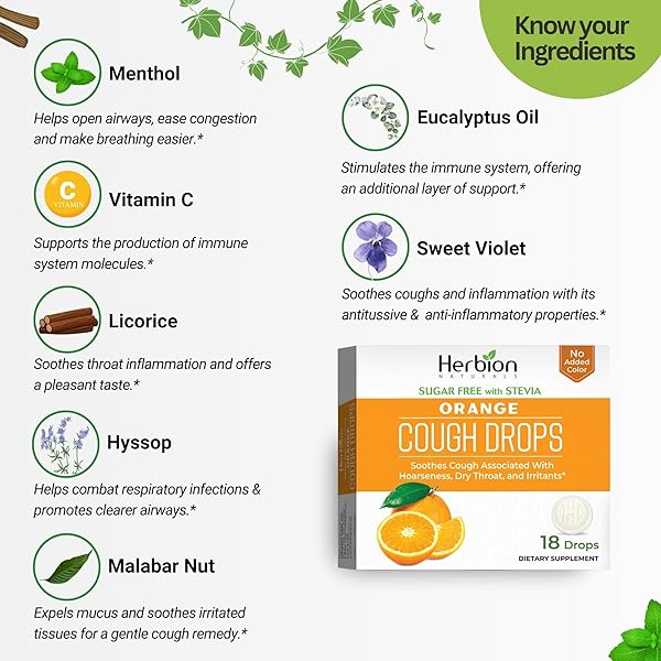 HERBION NATURALS COUGH DROPS, SUGAR-FREE WITH STEVIA, DIETARY SUPPLEMENT, SOOTHES COUGH, FOR ADULTS & CHILDREN OVER 6 YEARS,18 COUNT (PACK OF 1), ORANGE